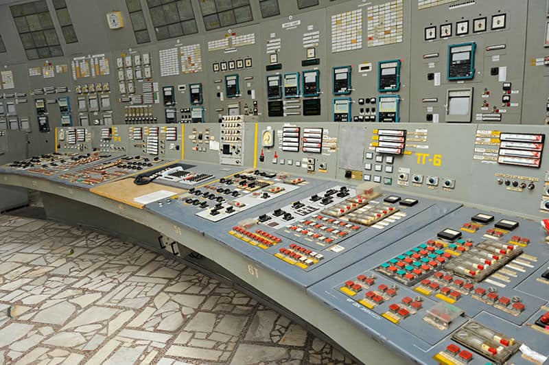 Main control board in the control operations room of the reactor at the Chernobyl Nuclear Power Plant.