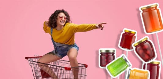 Girl riding the supermarket troley concept of multiple choice