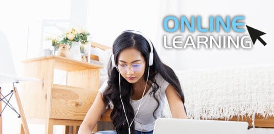Young woman listening lecture online