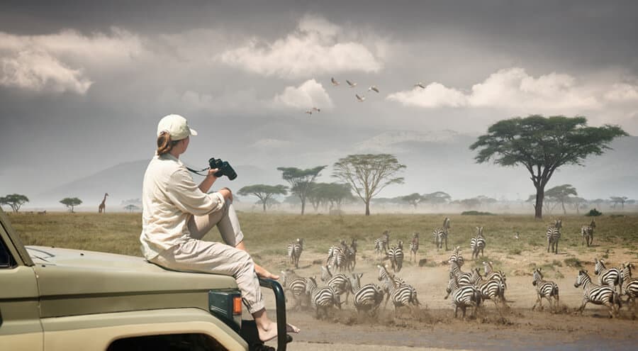 Traveling and research Student observing an African wildlife