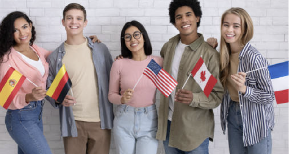 A group of people holding flags.